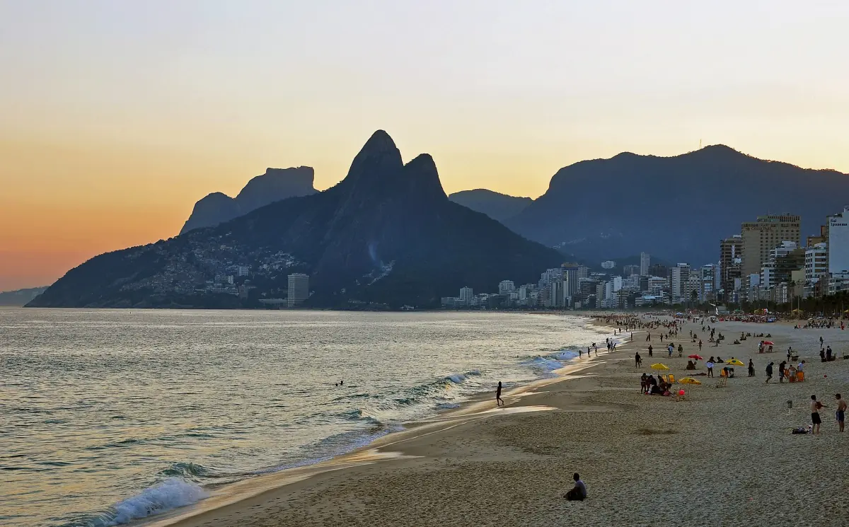Ipanema beach and Two Brothers mountain at sunset